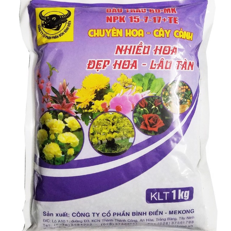 Phân bón Đầu Trâu NPK 15-7-17 tím (1kg), chuyên dưỡng hoa nuôi trái