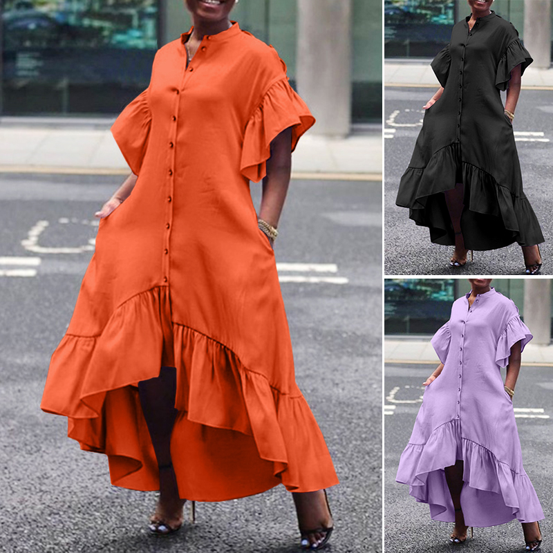 Đầm Maxi ZANZEA Tay Ngắn Cổ Chữ V Vạt Áo Không Đều Màu Trơn Dáng Rộng Viền Áo Nhún Bèo Thời Trang Nữ | BigBuy360 - bigbuy360.vn