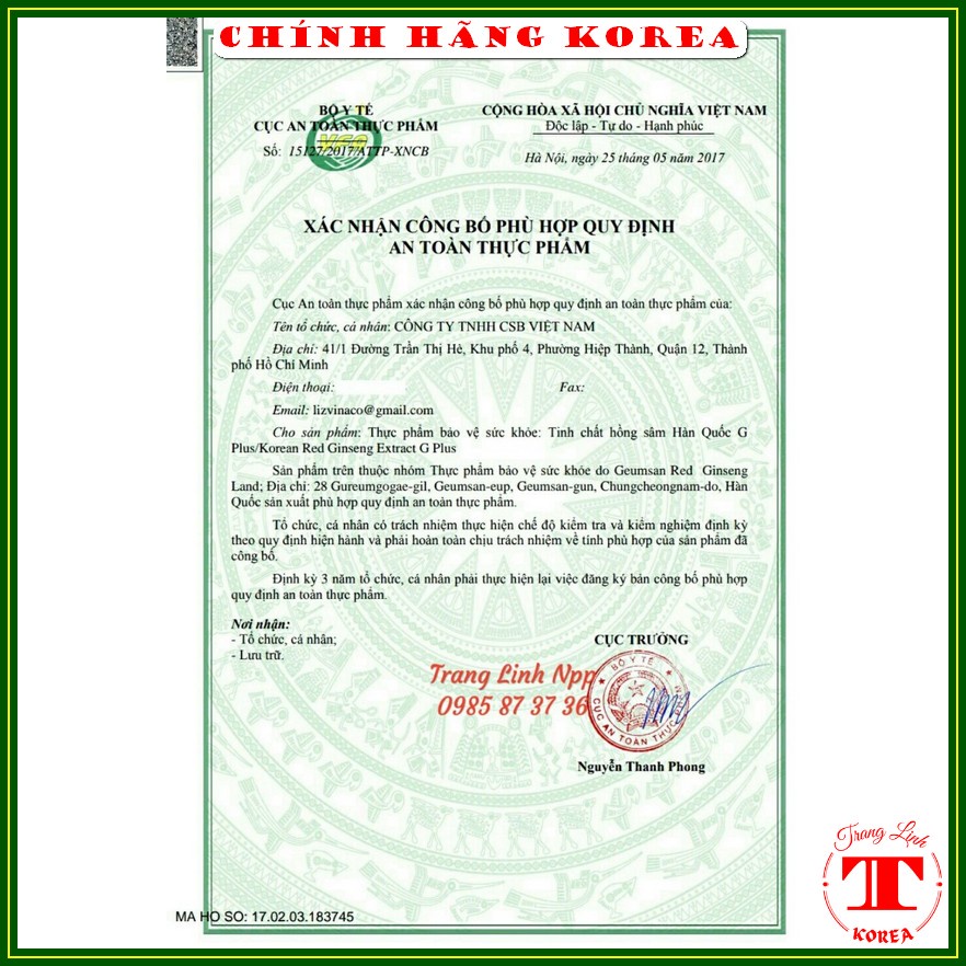 Tinh chất hồng sâm núi Cheong Jong thượng hạng, hộp 30 ống x 20ml