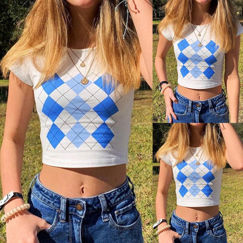 Áo Croptop Tay Ngắn Cổ Tròn Màu Sắc Tương Phản Phong Cách Harajuku Thời Trang Mùa Hè Cho Nữ