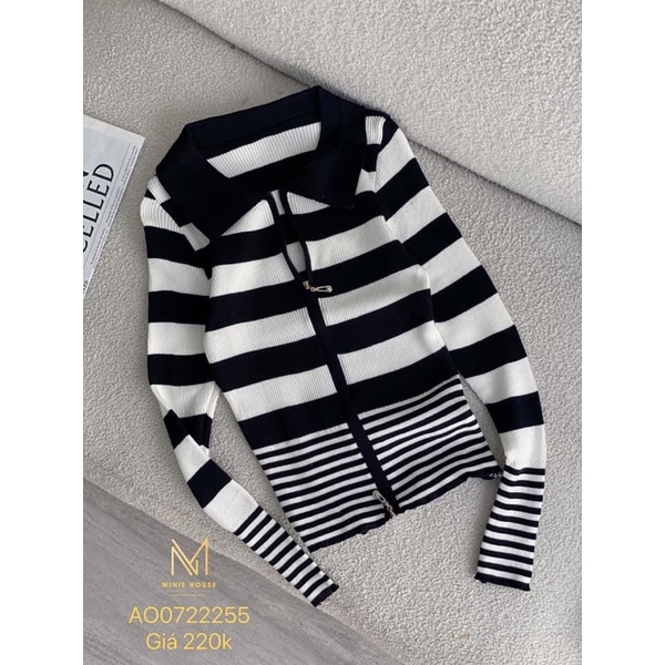 Áo khoác len sọc tay dài dây kéo minie