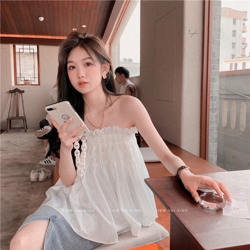Áo Babydoll [Tiệm Vải Xinh] Áo Croptop Babydoll Quây Ngực Bo Chun Màu Đen