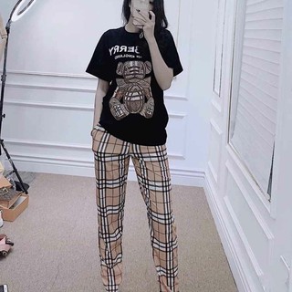 SET ÁO PHÔNG COTTON GẤU BBR MIX QUẦN KẺ CARO DÀI
