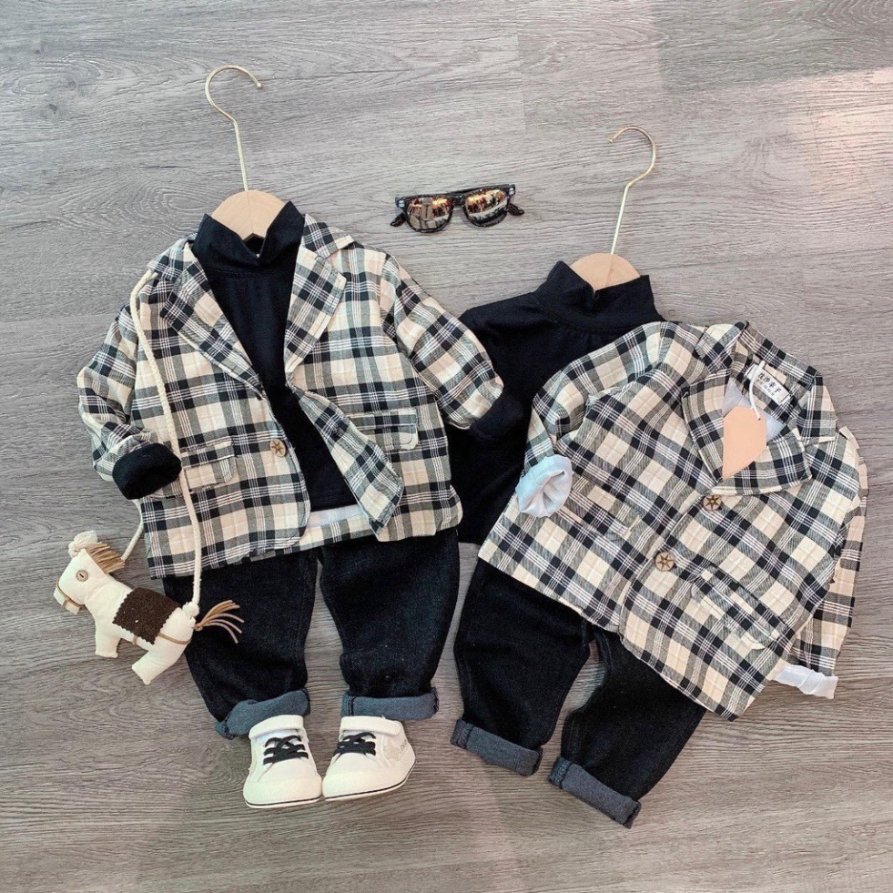 Set Vest cho bé trai cực kỳ sành điệu - 3 Chi Tiết: áo khoác + áo trong + quần chất dạ mặc cực yêu.