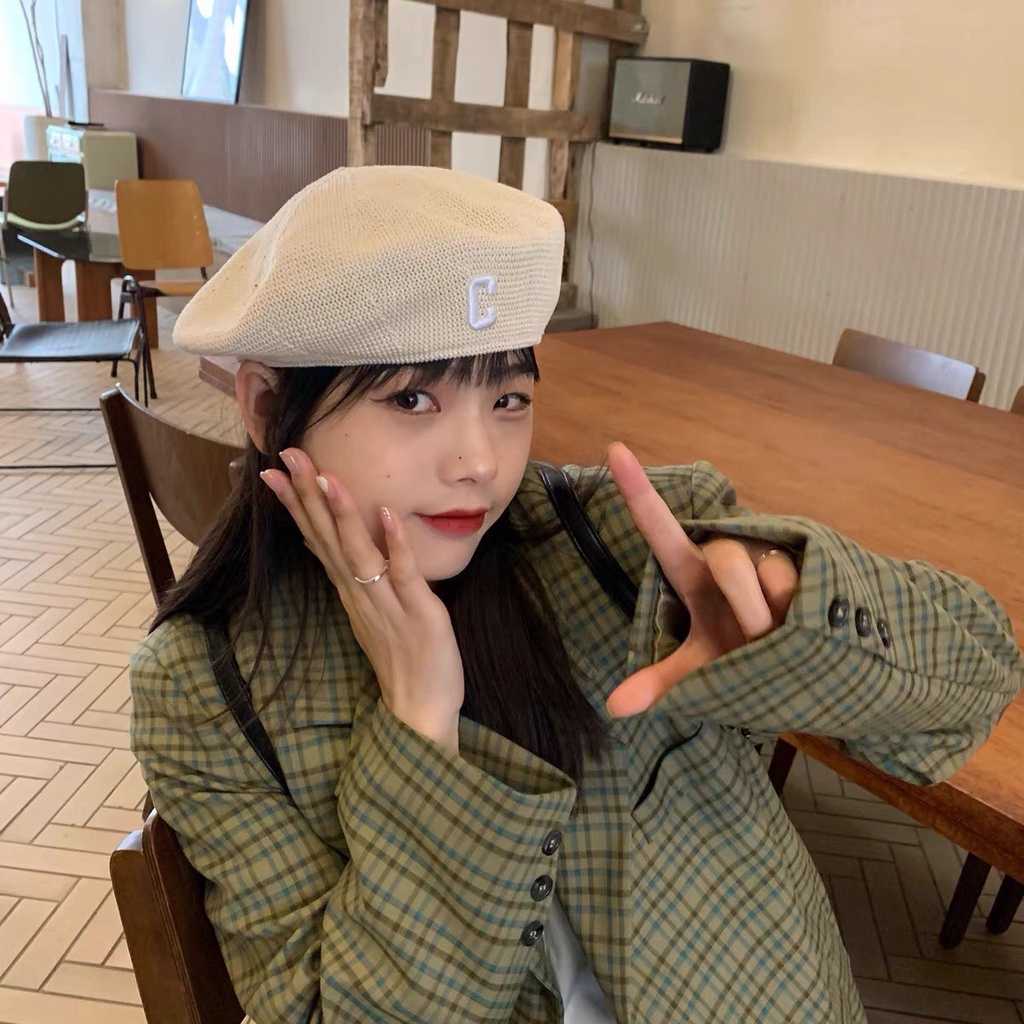 Nón beret Phối Lưới In Chữ C Thời Trang Nhật Bản Xinh Xắn Cho Nữ