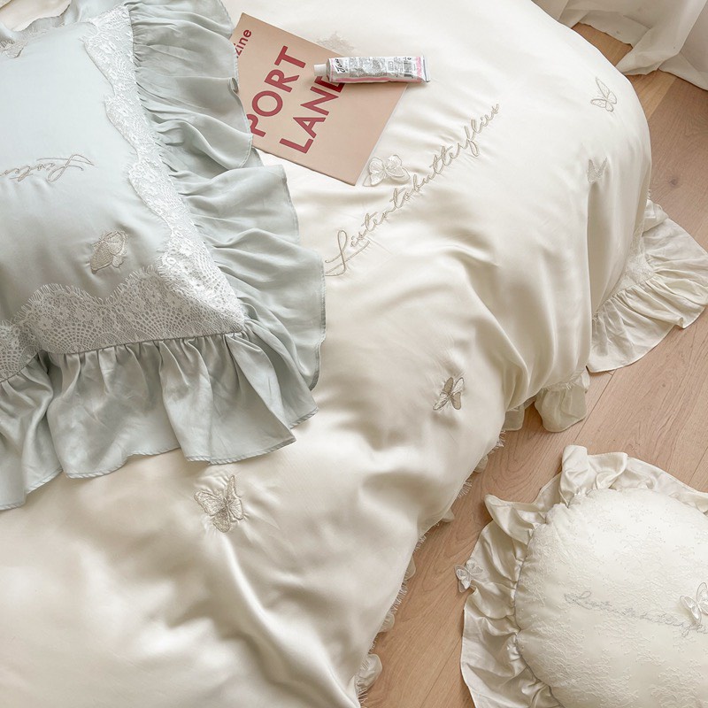 Set chăn ga gối Tencel Thiết kế Phối Viền Bánh Bèo cực Sang Chảnh, Tiểu Thư - Trắng