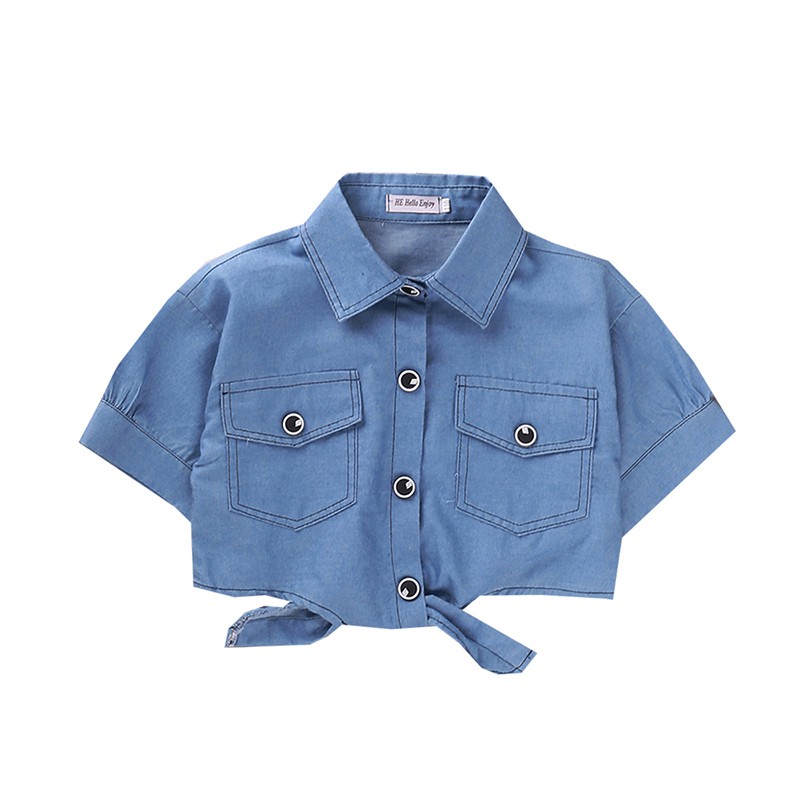 Áo kiểu SIYYIS tay ngắn đính nút phía trước thời trang cho bé gái 5-12 tuổi