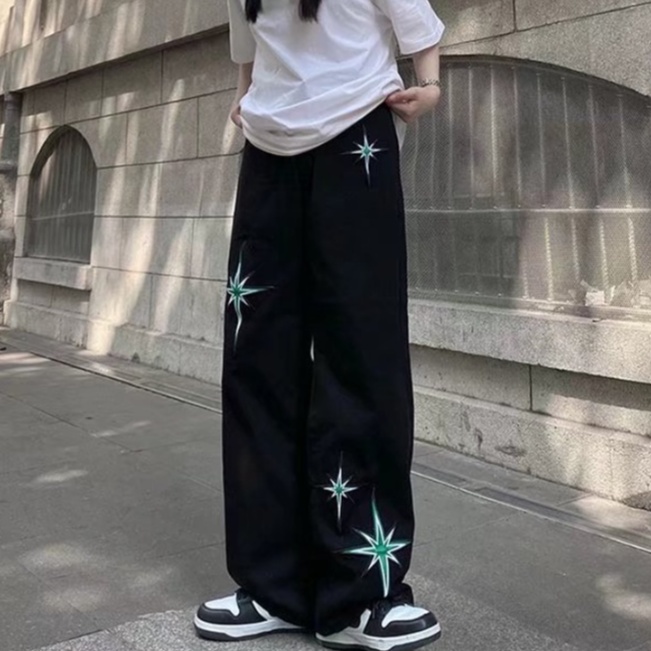 Quần Jean Ống Rộng Plus Size Thêu Hình Ngôi Sao Phong Cách Retro Mỹ Cho Nam Nữ