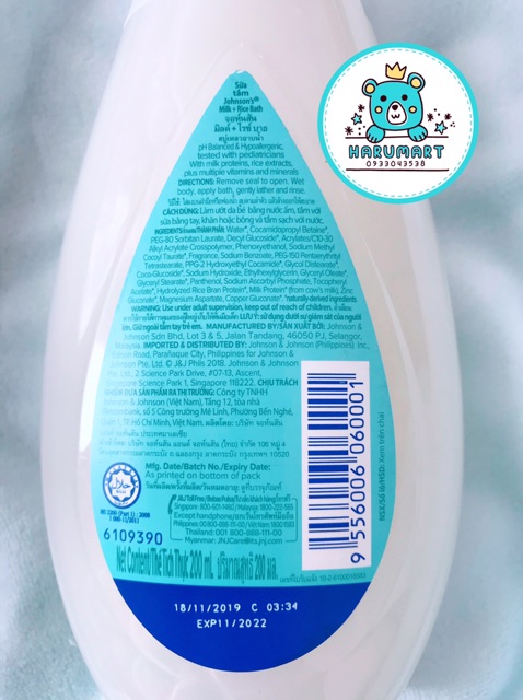 Sữa tắm Johnson’s chứa sữa và gạo/sữa và yến mạch chai 200ml