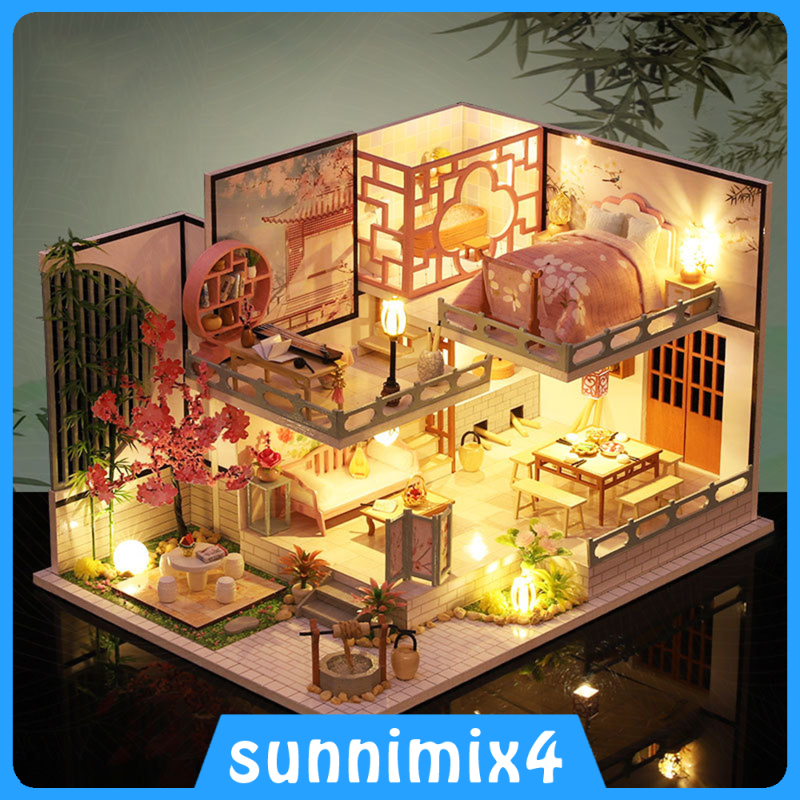 [H₂Sports&Fitness]3D Doll House Furniture Kits Mini Wooden Romantic Chinese Style Villa House