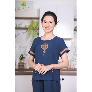 Bộ Lanh Việt Thắng quần dài áo cộc tay thêu