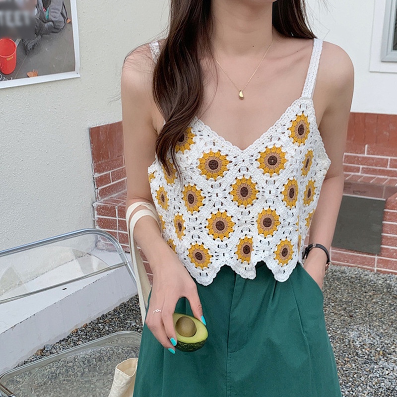 Áo Croptop Dệt Kim Không Tay Cổ Chữ V Dáng Rộng Thêu Hình Hoa Hướng Dương Phong Cách Vintage Cho Nữ