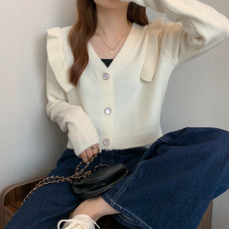 Áo cardigan dệt kim cổ chữ V tay dài nhún bèo thời trang mùa thu dễ phối đồ