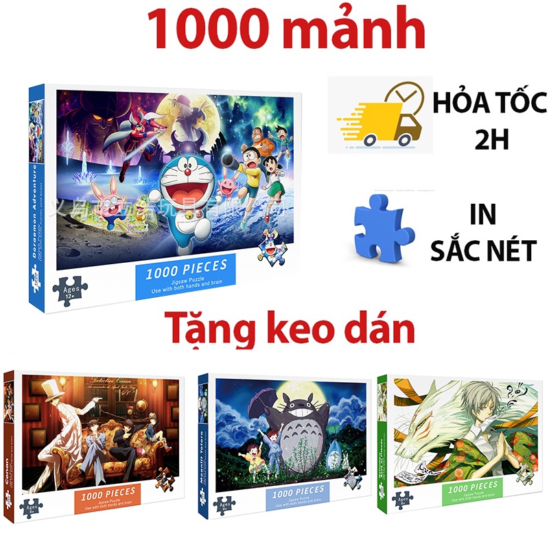 Tranh ghép hình 1000 mảnh hoạt hình doraemon, totoro, conan dành cho người lớn và trẻ em. Kích thước: 75x50 cm. Quà tặng