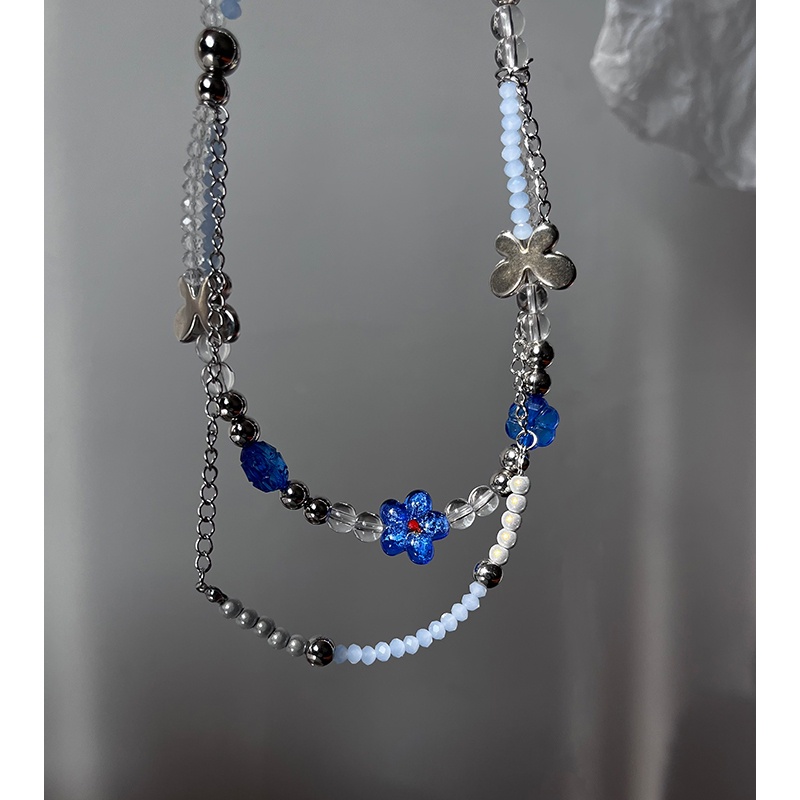 Vòng cổ Hai Lớp Đính Hạt Hình Hoa Xanh Dương