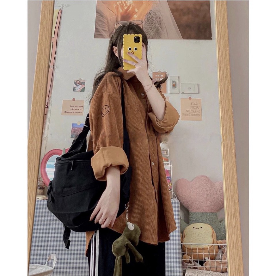 Áo sơ mi nhung tăm nữ Unisex AS03, kiểu áo sơ mi nữ oversize form rộng thêu hình mặt cười chất vải nhung tăm dày dặn ao. | BigBuy360 - bigbuy360.vn