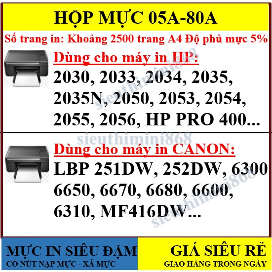 GIAO TRONG NGÀY💥Hộp mực 80A/05A dùng cho máy in HP Pro 400 M401, M425, P2035 - Canon LBP 251DW - Cartridge CE505A...