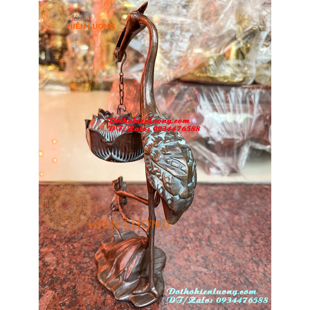 Lư Xông Trầm Treo Hạc Ngậm Sen Màu Giả Cổ Bằng Đồng Nguyên Chất Cao 27cm Đẹp Tinh Xảo
