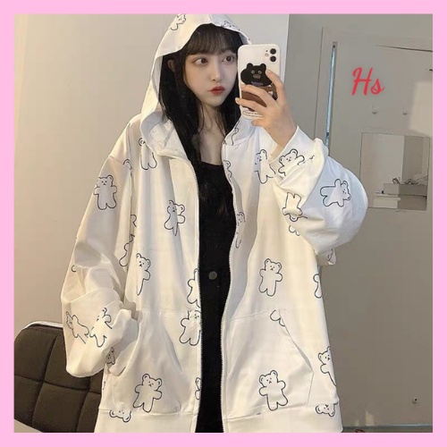 Áo khoác nỉ ngoại in hình gấu nữ - Hoodie dáng rộng tay bồng - CHAN CHAN STORE