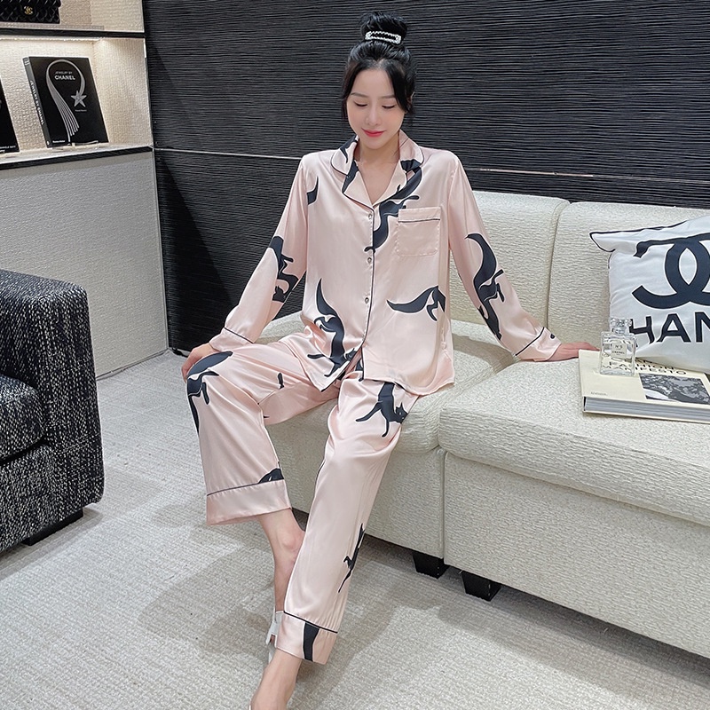 Bộ Đồ Ngủ Dài Tay Bằng Lụa Mát In Họa Tiết Cáo Thời Trang Dành Cho Nữ
