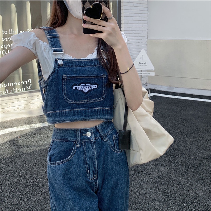 【JMWOMEN】Bộ Áo Hai Dây Dáng Ngắn + Quần Jeans Ống Rộng Lưng Cao Xẻ Tà Phong Cách Hàn Quốc Cho Nữ