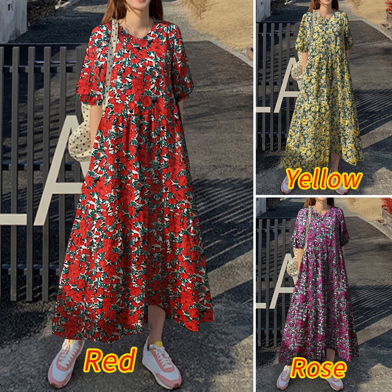 Đầm maxi Zanzea tay lỡ phồng vải co giãn phong cách vintage dành cho nữ