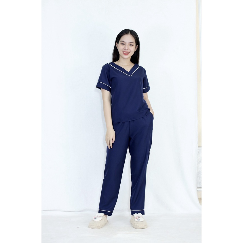 Bộ đồ bộ Pijama màu XANH ĐEN CỔ TIM tay ngắn quần dài lụa Pháp - Thoải Mái Nhẹ Nhàng