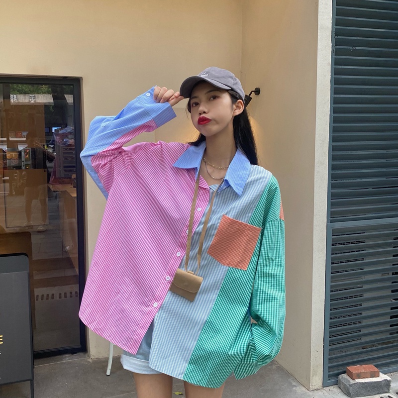 Áo sơ mi tay dài phối màu tương phản phong cách Hàn Quốc dành cho nữ