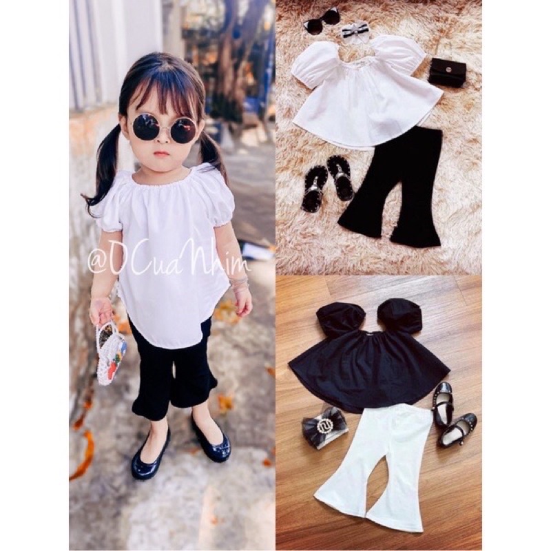 set áo trắng trễ vai quần ống loe cho bé