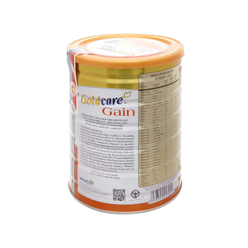 Sữa bột Wincofood GoldCare Gain 900g - Dành cho người gầy