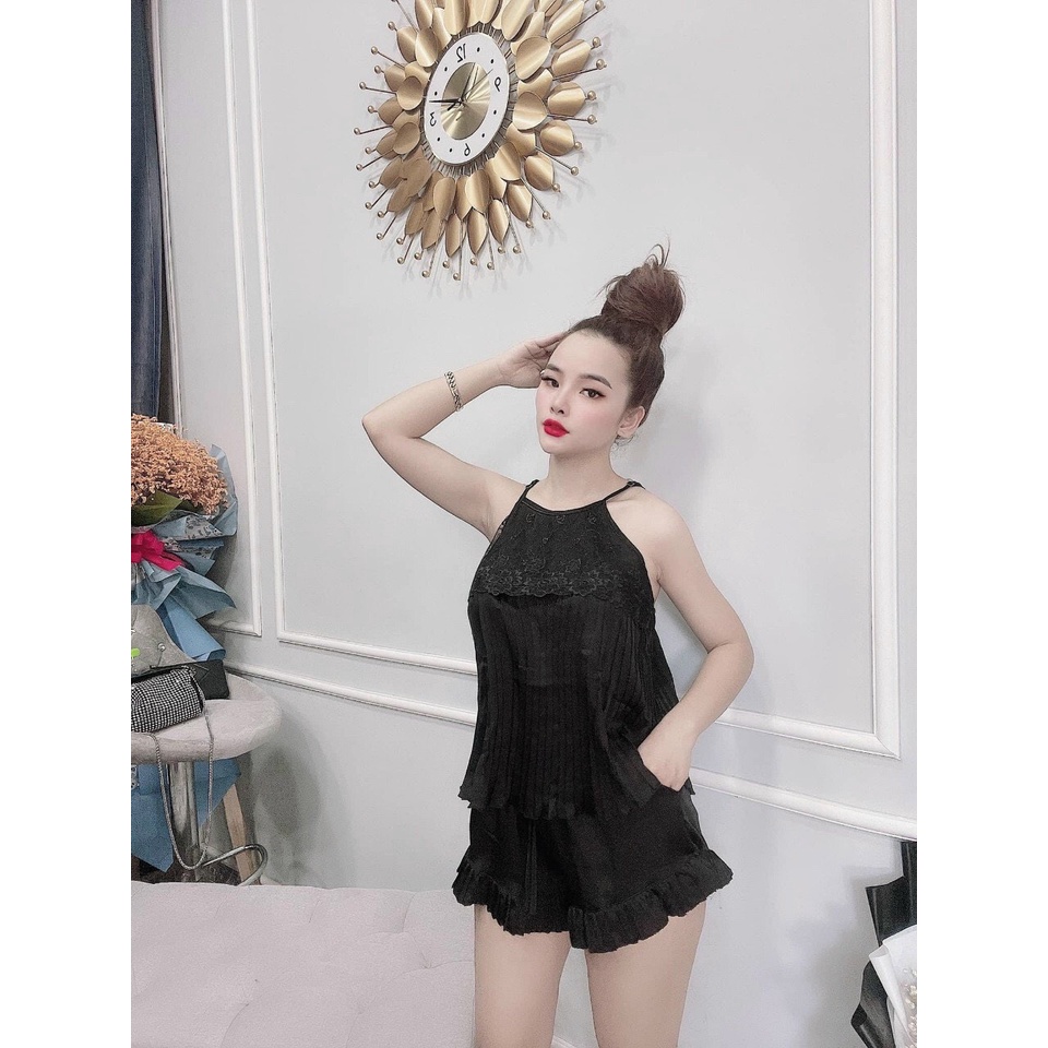 Đồ ngủ yếm 2 dây dập ly phối ren, chất liệu lụa satin cao cấp mềm mại quyến rũ, freesize dưới 65kg- SHOP HUYỀN TRANG.