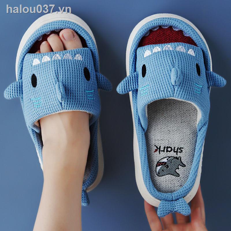 Dép Bông Đi Trong Nhà Bằng Vải Lanh Cotton Dày Dặn Kiểu Dáng Cá Mập Hoạt Hình Dễ Thương Cho Nữ