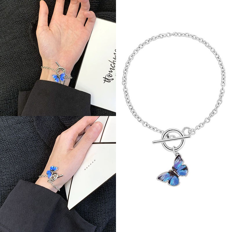 Bộ vòng cổ + Vòng Tay + Nhẫn Hình Bướm Đính Đá Xanh Phong Cách Hàn Quốc