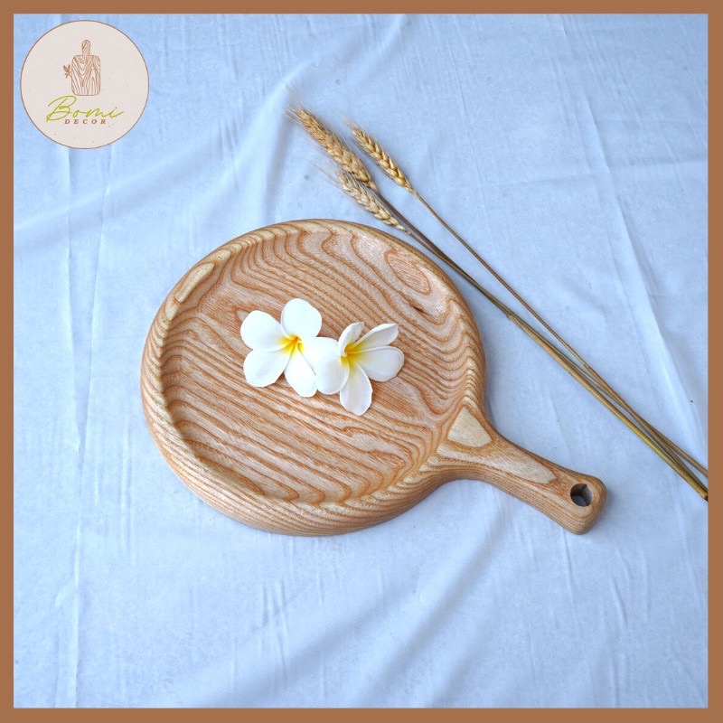 Khay gỗ decor BOMI - Khay gỗ đựng đồ ăn gỗ tần bì, gỗ gõ đỏ tròn có tay cầm tiện dụng BOMK05
