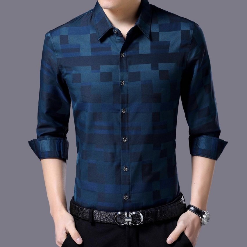 Áo sơ mi nam dài tay phối sọc ô 3D DT thời trang Erina cao cấp form áo chuẩn