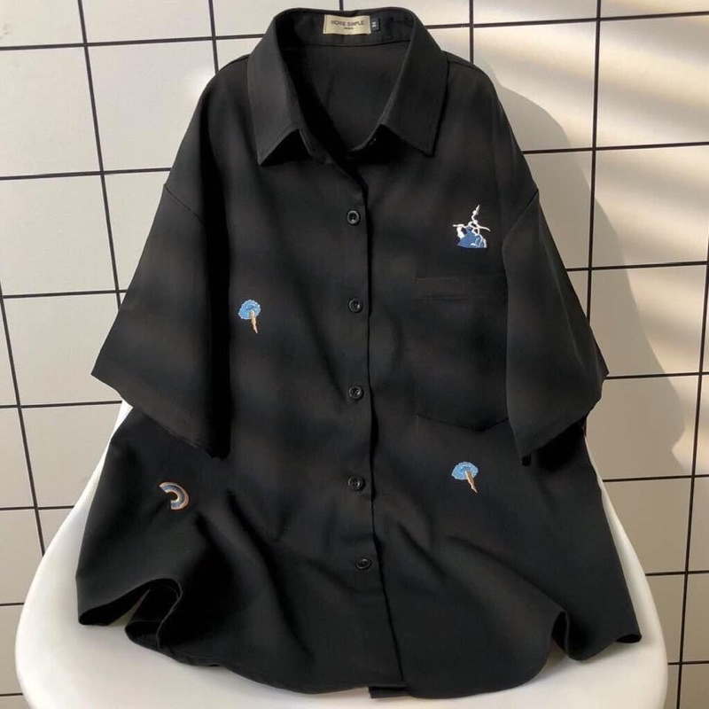 [VIDEO ẢNH THẬT SHOP QUAY] Áo Sơ Mi Tay Lỡ Unisex Form Rộng Nam Nữ Ulzzang Hình Thêu Chất Co Dãn Thoải Mái