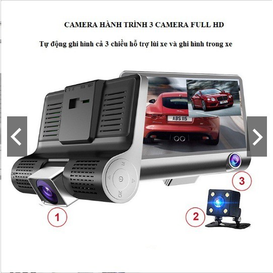 Camera Hành trình Ô tô 3 mắt Camera Hồng ngoại Màn hình hiển thị 4in Full HD kèm thẻ nhớ 32G