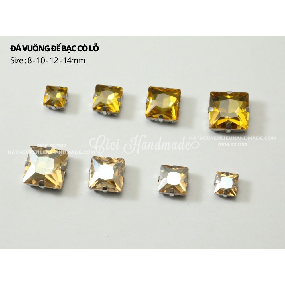 Set 10 hạt đá vuông đế bạc có lỗ khâu size 8mm và 10mm Cici Handmade chuyên pha lê cườm trang sức