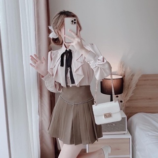 Áo sơ mi phối dây nơ đen_888