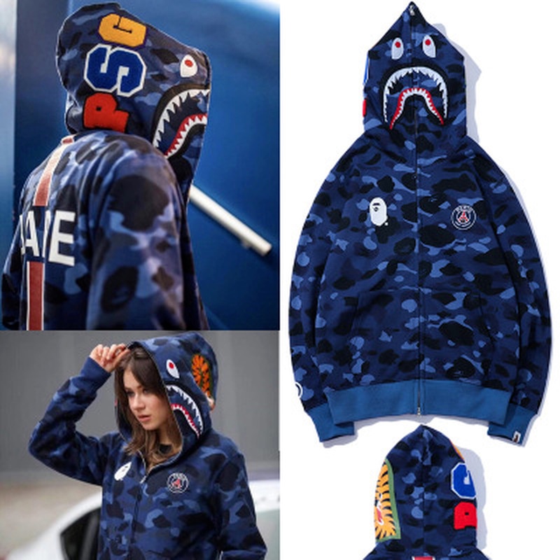 Áo khoác nam nữ BAPE X PSG có nón họa tiết rằn ri