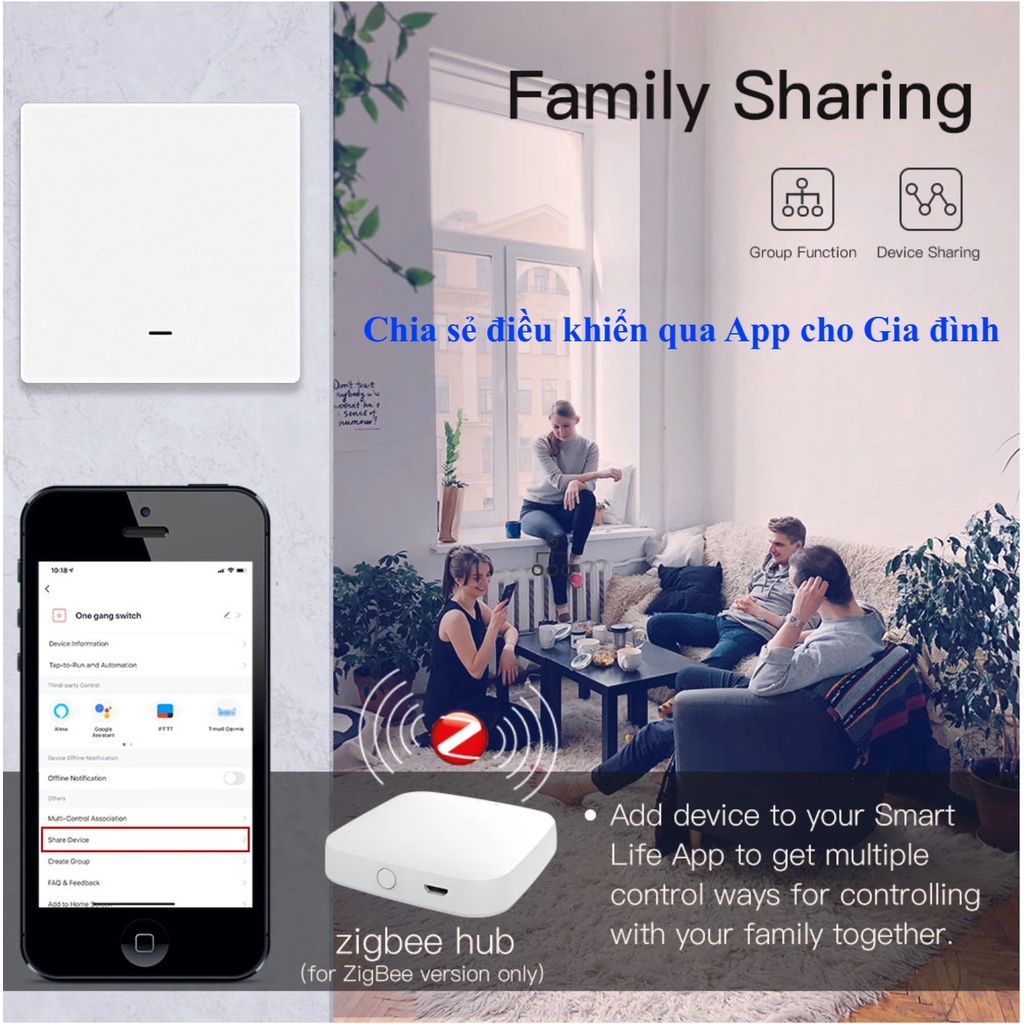 Công tắc thông minh hệ Tuya, Zigbee, chuẩn vuông Châu Âu 86x86, App Smart Life/ Tuya/ Home Assistant (Hass)-