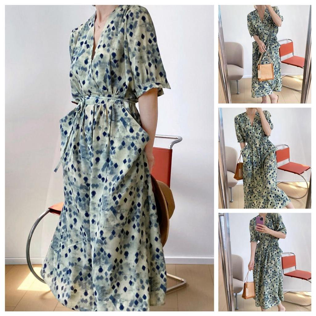 Đầm Hoa Tay Ngắn Cổ Chữ V Thời Trang Hè  Cho Nữ