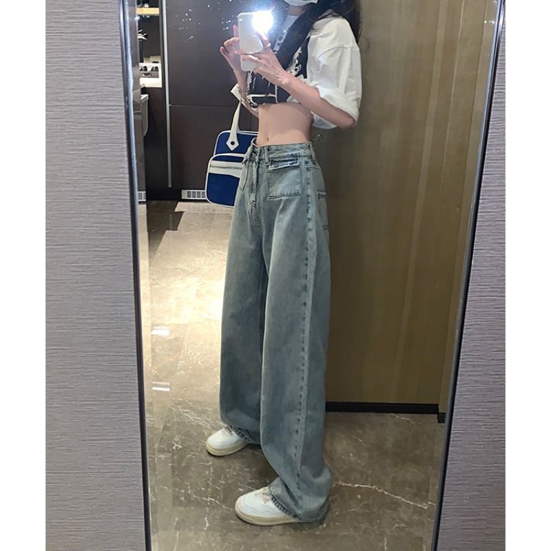 Jiashucheng Quần Jean Nữ Lưng Cao Ống Rộng Phong Cách Retro