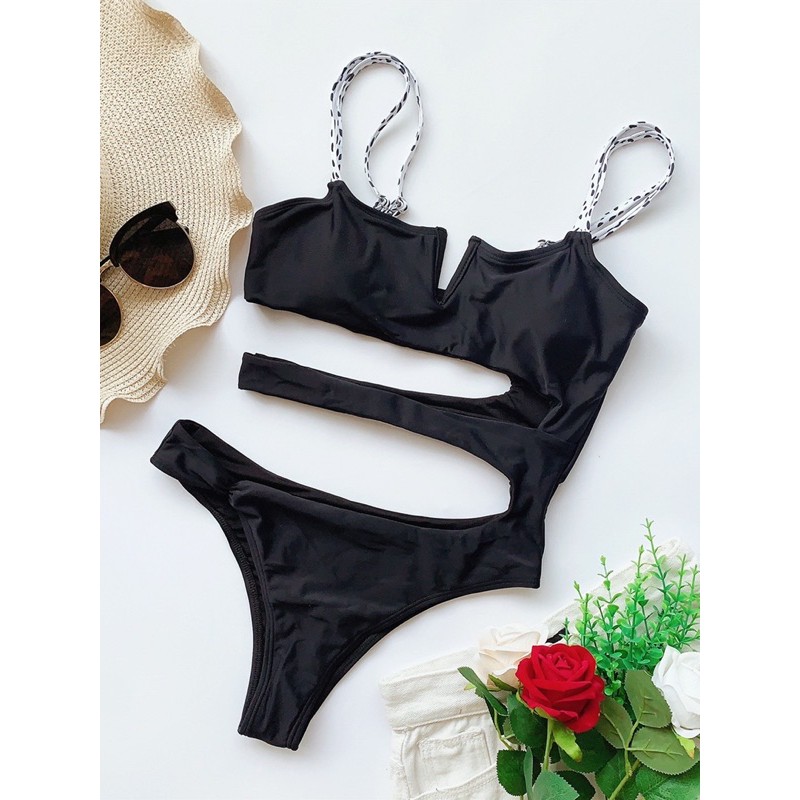 [BKN845] &lt;ÂU&gt; BODYSUIT CUTOUT CỔ V QUAI ĐỐM TRẮNG/ĐEN