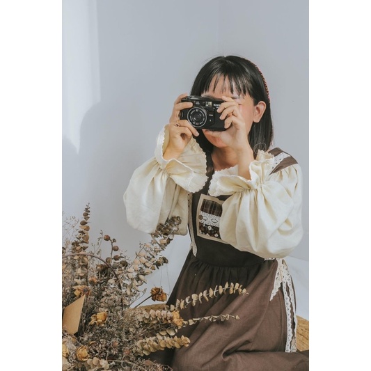 Đầm chắp vải Gà Vintage linen tay phồng