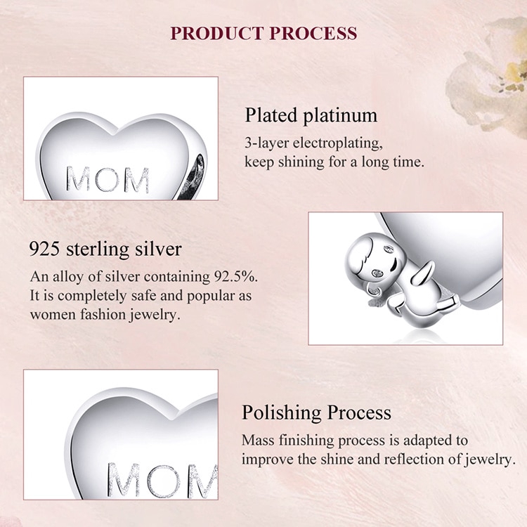 BAMOER Hạt Charm Bạc 925 Hình Trái Tim Khắc Chữ Mother's Day/Baby with Dùng Làm Trang Sức DIY BSC218
