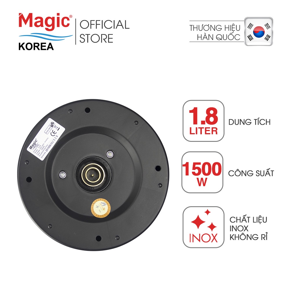 Ấm đun siêu tốc Magic Korea A-08 1.8L,chất liệu inox 304 độ bền cao,tay cầm bằng nhựa cách nhiệt,bảo hành chính hãng