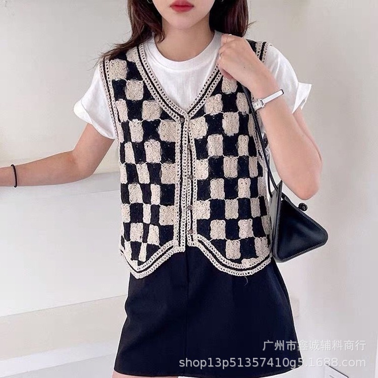 Áo Khoác Cardigan Không Tay Cổ Chữ V Họa Tiết Kẻ Sọc Kim Cương Thời Trang Thu Đông Dành Cho Nữ