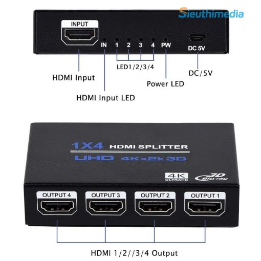 Bộ chia HDMI 1 ra 4, HUB HDMI 1 ra 4 hỗ trợ 3D