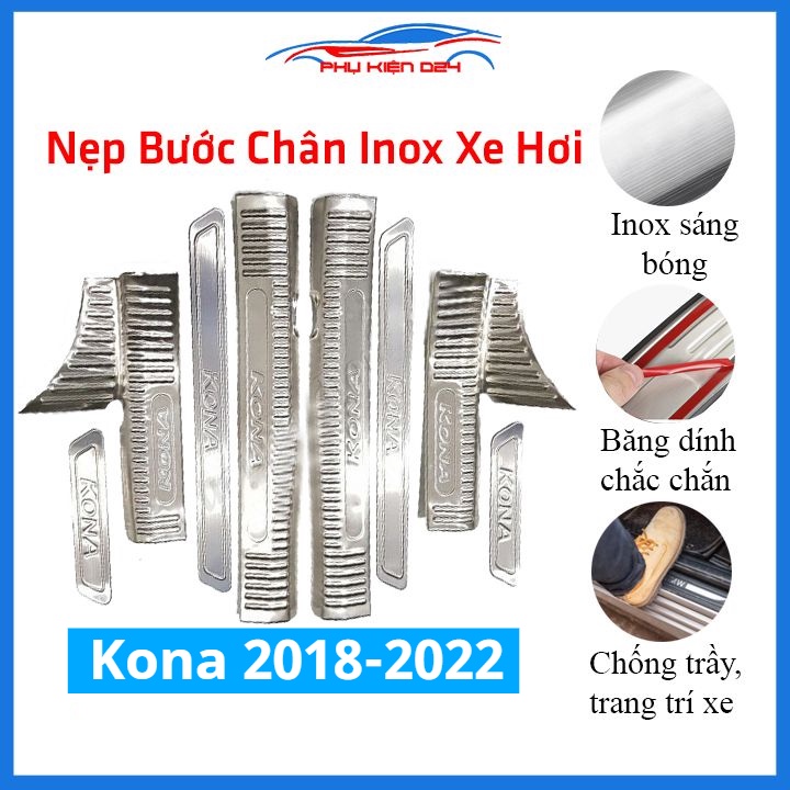 Bộ ốp bậc cửa trong ngoài nẹp bước chân Kona 2018-2019-2020-2021-2022 Inox chống trầy trang trí xe
